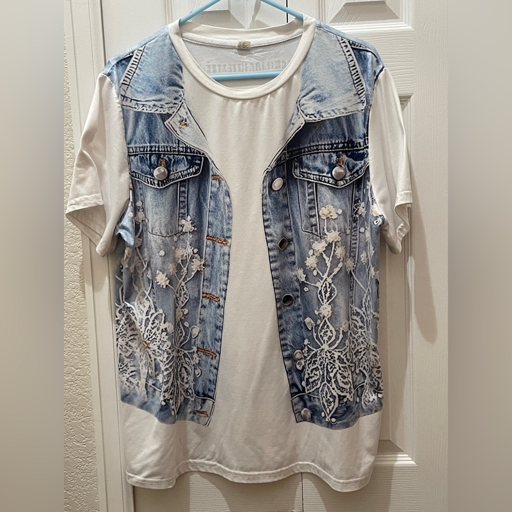 White T-Shirt with Blue Denim Vest Print 2D